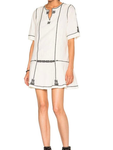 *Isabel Marant Etoile Relly Ellie Items Cotton Embroidered Short Sleeve Split Neck Shift Dress, Size FR38=US6