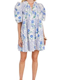 *Hunter Bell Jenkins Cotton Floral Pintuck Detail Short Puff Sleeve V-Neck Trapeze Mini Dress, Size XS