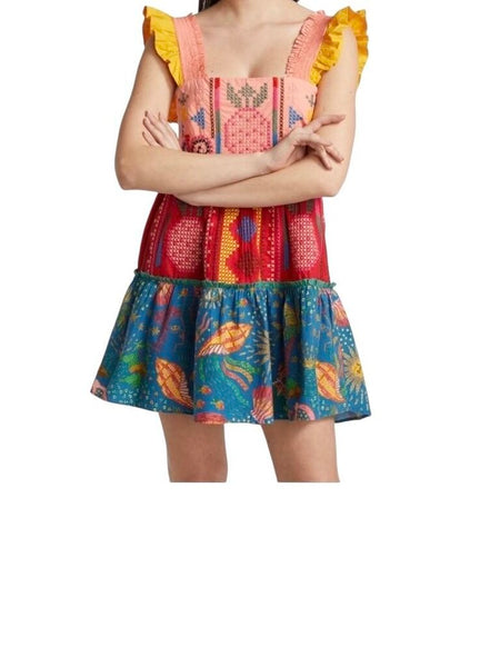 *Farm Rio Cross-Stitch Cotton Embroidered Ruffle Trim Square Neck Tiered Mini Dress, Size XS