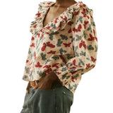 *THE GREAT The Symphony Cotton Butterfly Long Sleeve Pleated Ruffle V-Neck Top, Size TG0(XS)