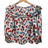 *THE GREAT The Symphony Cotton Butterfly Long Sleeve Pleated Ruffle V-Neck Top, Size TG0(XS)