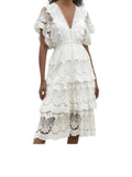 *Farm Rio Richelieu Cotton Embroidered Lace Flutter Sleeve V-Neck Tiered Midi Dress, Size S