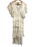 *Farm Rio Richelieu Cotton Embroidered Lace Flutter Sleeve V-Neck Tiered Midi Dress, Size S