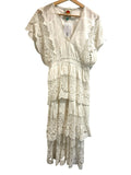 *Farm Rio Richelieu Cotton Embroidered Lace Flutter Sleeve V-Neck Tiered Midi Dress, Size S