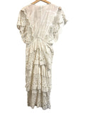 *Farm Rio Richelieu Cotton Embroidered Lace Flutter Sleeve V-Neck Tiered Midi Dress, Size S