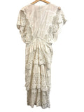 *Farm Rio Richelieu Cotton Embroidered Lace Flutter Sleeve V-Neck Tiered Midi Dress, Size S