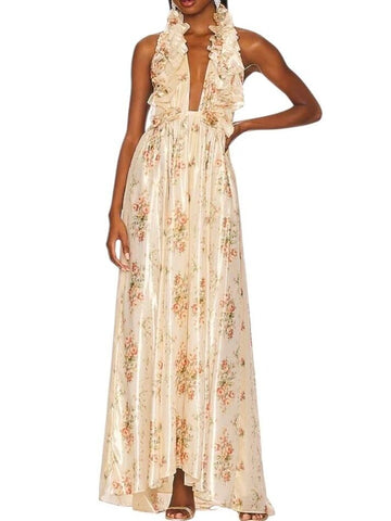 *NWT LoveShackFancy Antonie Floral Ruffle Tie Halter Open Back Maxi Dress, Size XS