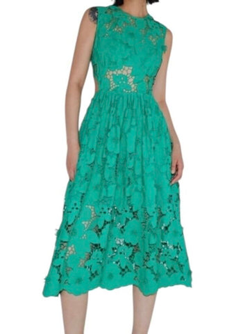 *Self-Portrait 3D Floral Cotton Lace Eyelet Sleeveless Round Neck Cut-Out Waist Midi Dress, Size 6