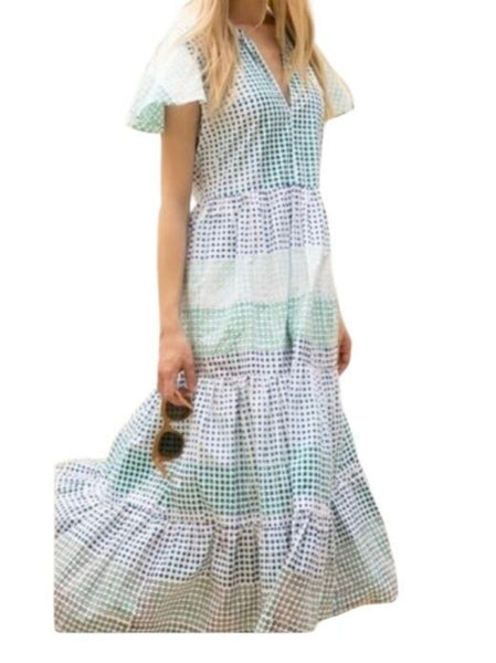 *NWT Oliphant V-Neck Astrid Cotton Block Print Flutter Sleeve Split Neck Tiered Maxi Dress, Size L