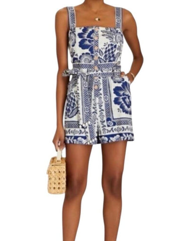 *Farm Rio Pineapple Garden Cami Button-Up Belted Romper, Size M