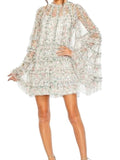 *Mac Duggal 8007 Sheer Mesh Ruffle Trim Flared Sleeve Round Neck Mini Tent Dress w/Slip, Size 12