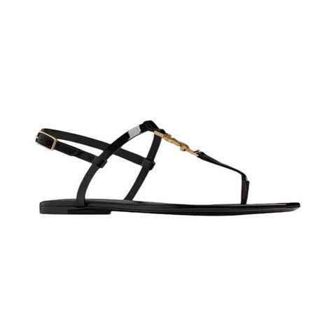 *Saint Laurent Cassandre Patent Leather Metal Logo T-Strap Thong Slingback Flat Sandals, Size 39.5