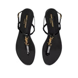 *Saint Laurent Cassandre Patent Leather Metal Logo T-Strap Thong Slingback Flat Sandals, Size 39.5