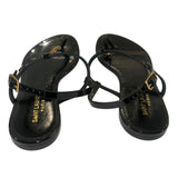 *Saint Laurent Cassandre Patent Leather Metal Logo T-Strap Thong Slingback Flat Sandals, Size 39.5