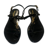 *Saint Laurent Cassandre Patent Leather Metal Logo T-Strap Thong Slingback Flat Sandals, Size 39.5
