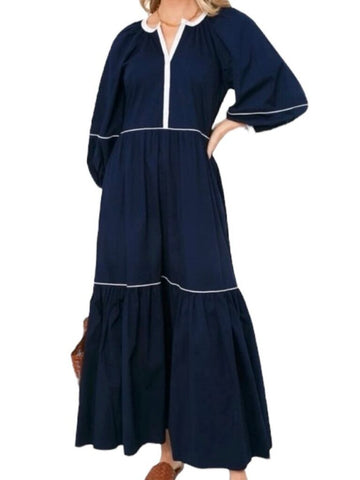 *Staud Demi Cotton Poplin Contrast Trim 3/4 Balloon Sleeve Split Button Neck Tiered Midi Dress, Size S