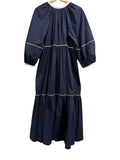 *Staud Demi Cotton Poplin Contrast Trim 3/4 Balloon Sleeve Split Button Neck Tiered Midi Dress, Size S