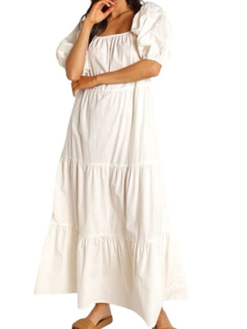 *Fathfull the Brand Ronan Cotton Poplin Puff Sleeve Square Neck Tiered Midi Dress, Size 4