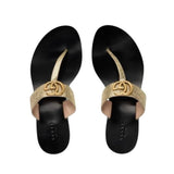 *Gucci Lifford Double GG Marmont Logo Metallic Leather T-Strap Thong Flat Sandals, Size 40