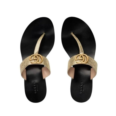 *Gucci Lifford Double GG Marmont Logo Metallic Leather T-Strap Thong Flat Sandals, Size 40