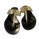 *Gucci Lifford Double GG Marmont Logo Metallic Leather T-Strap Thong Flat Sandals, Size 40