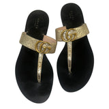 *Gucci Lifford Double GG Marmont Logo Metallic Leather T-Strap Thong Flat Sandals, Size 40
