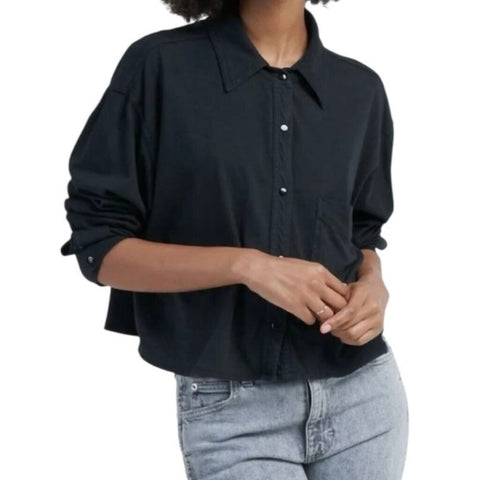 ^ASKK NY Cotton Knit Long Sleeve Snap Front Chest Pocket Cropped Shirt Top, Size ASKK 1=US S