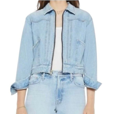 ^NWT MOTHER The Duo Shorty Faded Denim Zip-Up Shirt Collar Denim Jacket, Size S