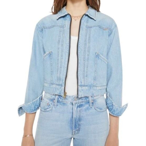 *NWT MOTHER The Duo Shorty Faded Denim Zip-Up Shirt Collar Denim Jacket, Size S