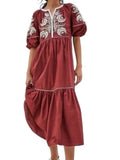 *by Anthropologie Gretel Embroidered Elbow Puff Sleeve Split Neck Tiered Midi Dress, Size S