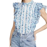 *Veronica Beard Sol Cotton Floral Flutter Sleeve High Neck Lace Inset Top, Size 8