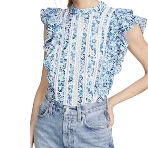 *Veronica Beard Sol Cotton Floral Flutter Sleeve High Neck Lace Inset Top, Size 8