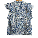 *Veronica Beard Sol Cotton Floral Flutter Sleeve High Neck Lace Inset Top, Size 8