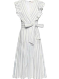 ^Rebecca Taylor Cotton Stripe Flutter Sleeve V-Neck Tie-Waist Tiered Midi Dress, Size 8