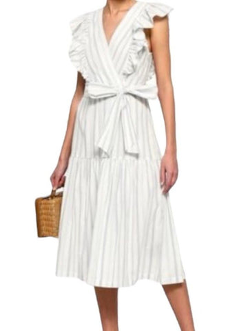 ^Rebecca Taylor Cotton Stripe Flutter Sleeve V-Neck Tie-Waist Tiered Midi Dress, Size 8