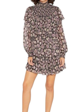 *Cinq a Sept Drew Leaf Print Long Blouson Sleeve Mock Neck Ruffle Tiered Mini Dress, Size 6