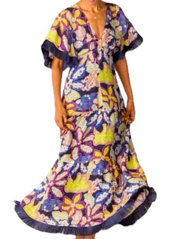 *Marie Oliver Bernadette Bold Floral Short Sleeve V-Neck Fringe Trim Maxi Dress, Size 8