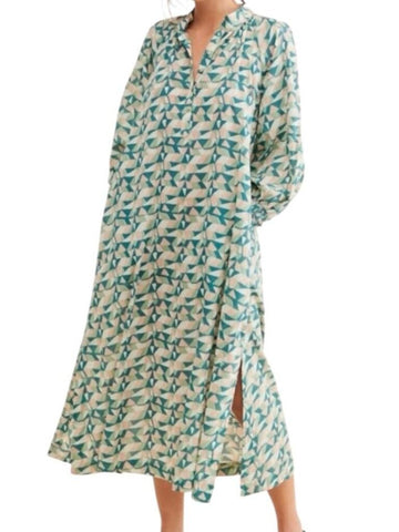 ^Mirth Faro Seaglass Cotton & Silk Geometric Print Long Sleeve Caftan Midi Dress, Size S