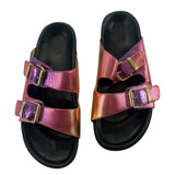 *Isabel Marant Lennyo Degrede Metallic Double Buckle Slide Sandals, Size 40