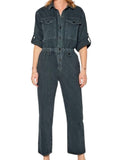 *NOEND Britt Cotton Twill Stripe Roll Tab Sleeve Button Front Elastic Waist Ankle Jumpsuit, Size S