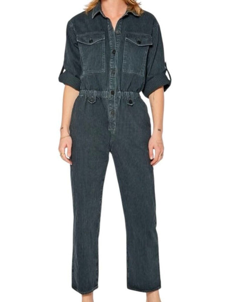 *NOEND Britt Cotton Twill Stripe Roll Tab Sleeve Button Front Elastic Waist Ankle Jumpsuit, Size S