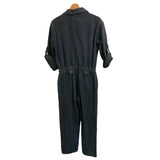 *NOEND Britt Cotton Twill Stripe Roll Tab Sleeve Button Front Elastic Waist Ankle Jumpsuit, Size S