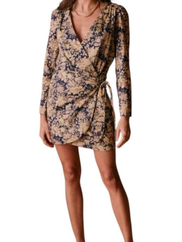 ^Sezane Noemia Cotton Floral Long Sleeve Surplice V-Neck Faux Wrap Mini Dress, Size FR 40=US 8