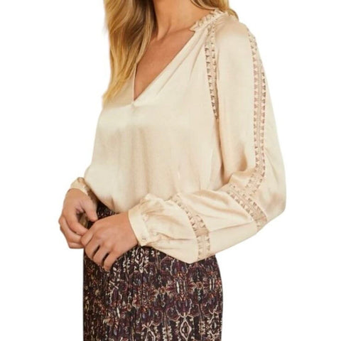 *Caballero Stella Satin Lace Inset Long Blouson Sleeve V-Neck Blouse Top, Size L