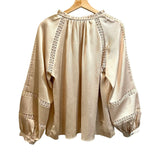 *Caballero Stella Satin Lace Inset Long Blouson Sleeve V-Neck Blouse Top, Size L