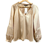 *Caballero Stella Satin Lace Inset Long Blouson Sleeve V-Neck Blouse Top, Size L