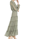 *Misa LA Hadeya Chiffon Leaf Print Long Sleeve V-Neck Ruffle Trim Tiered Maxi Dress, Size XS