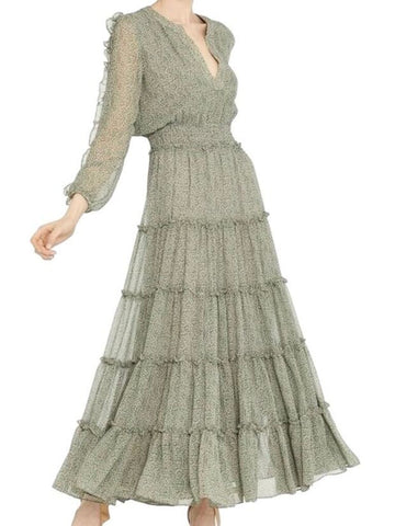 *Misa LA Hadeya Chiffon Leaf Print Long Sleeve V-Neck Ruffle Trim Tiered Maxi Dress, Size XS