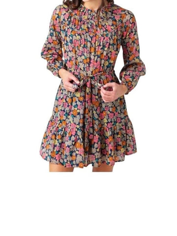 *Trovata Abigail Cotton Blend Floral Long Sleeve Crew Neck Tie Waist Mini Dress, Size