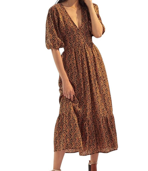 *Faithfull the Brand Romilia Floral Puff Sleeve V-Neck Open Back Midi Dress, Size 2